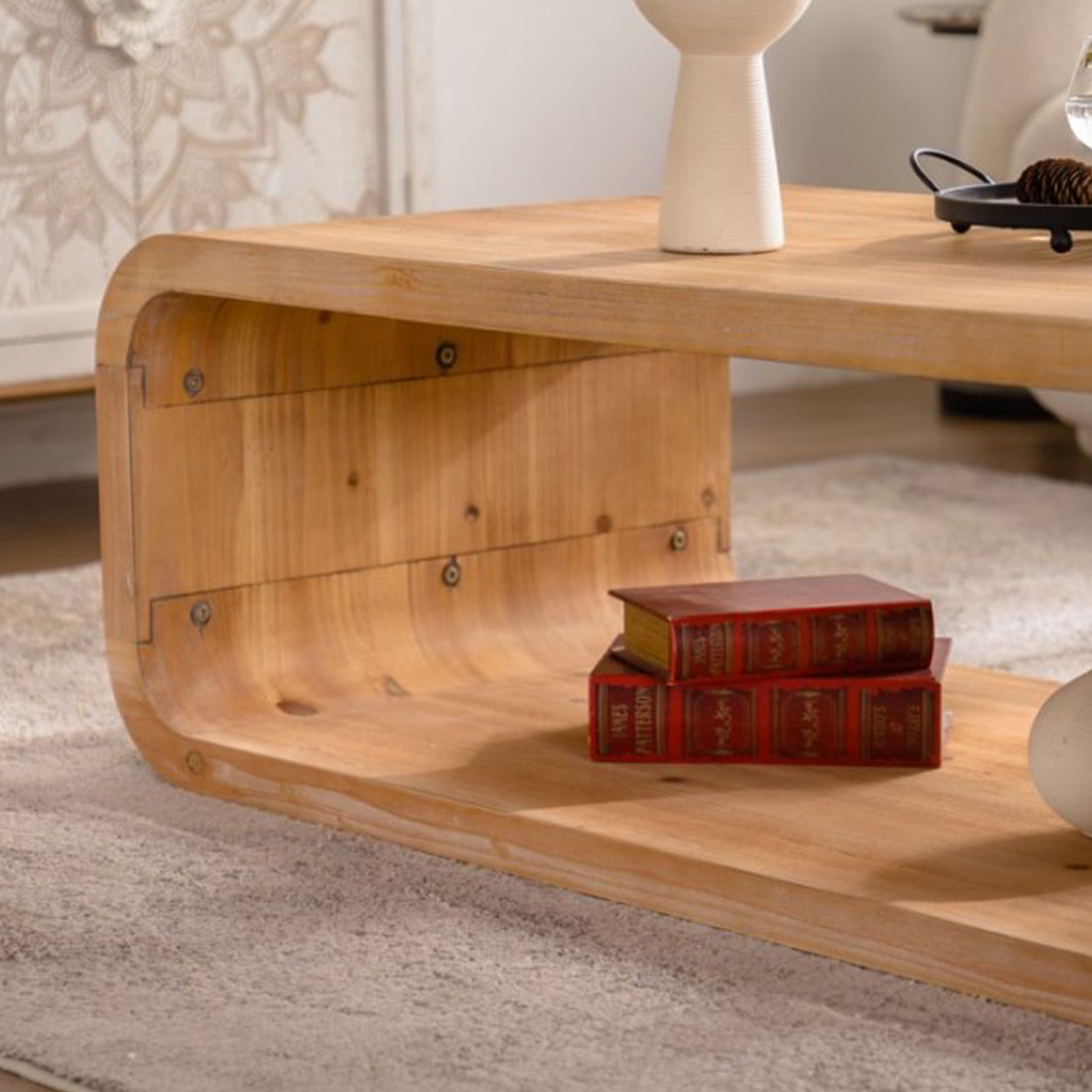 Noble House Dyani 47" Elegant Curved Coffee Table with Open Storage Shelf, for Contemporary Living Room, Natural Wood