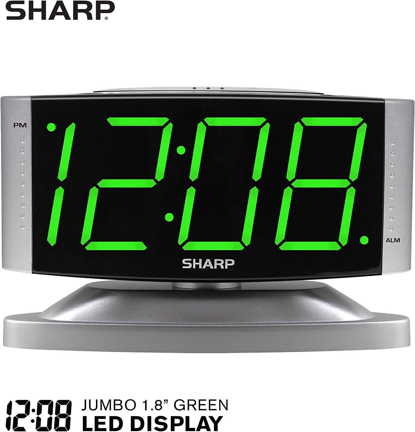 Home LED Digital Alarm Clock – Swivel Base - Outlet Powered, Simple Operation, Alarm, Snooze, Brightness Dimmer, Big Green Digit Display, Silver Case