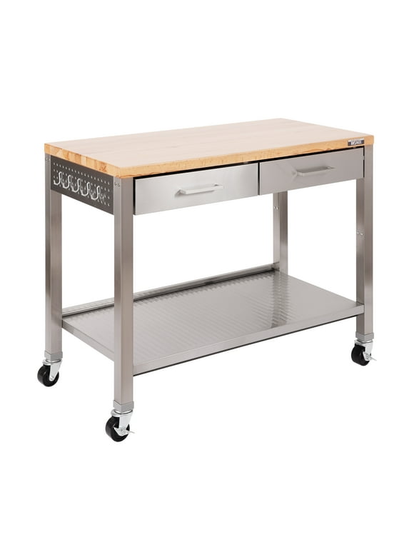 Seville Classics UltraHD Stainless Steel Workcenter Professional Kitchen Island, 2-Drawer, Peg Boards, Steel, Solid Wood Top