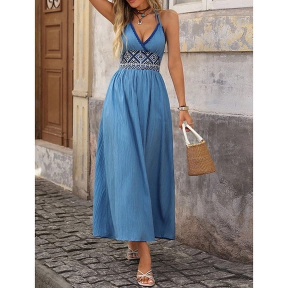 New Bohemian Style Fashionable and Elegant Backless V-Neck Halter Neck Geometric Jacquard Resort Dress for Women