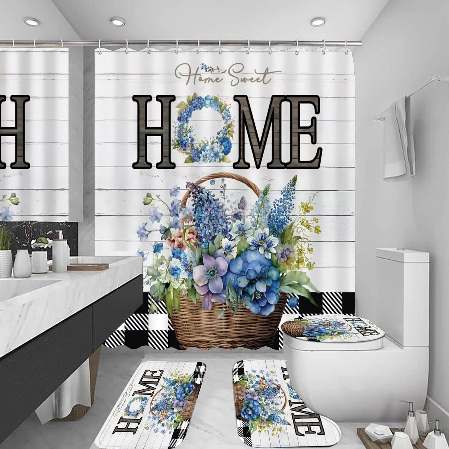 Blue Flower Shower Curtain Set Home Sweet Home Bathroom Sets Rustic Shower Curtain Set with Rugs,Bathroom Shower Curtain Set with Carpet Bath Mat Toilet Rugs
