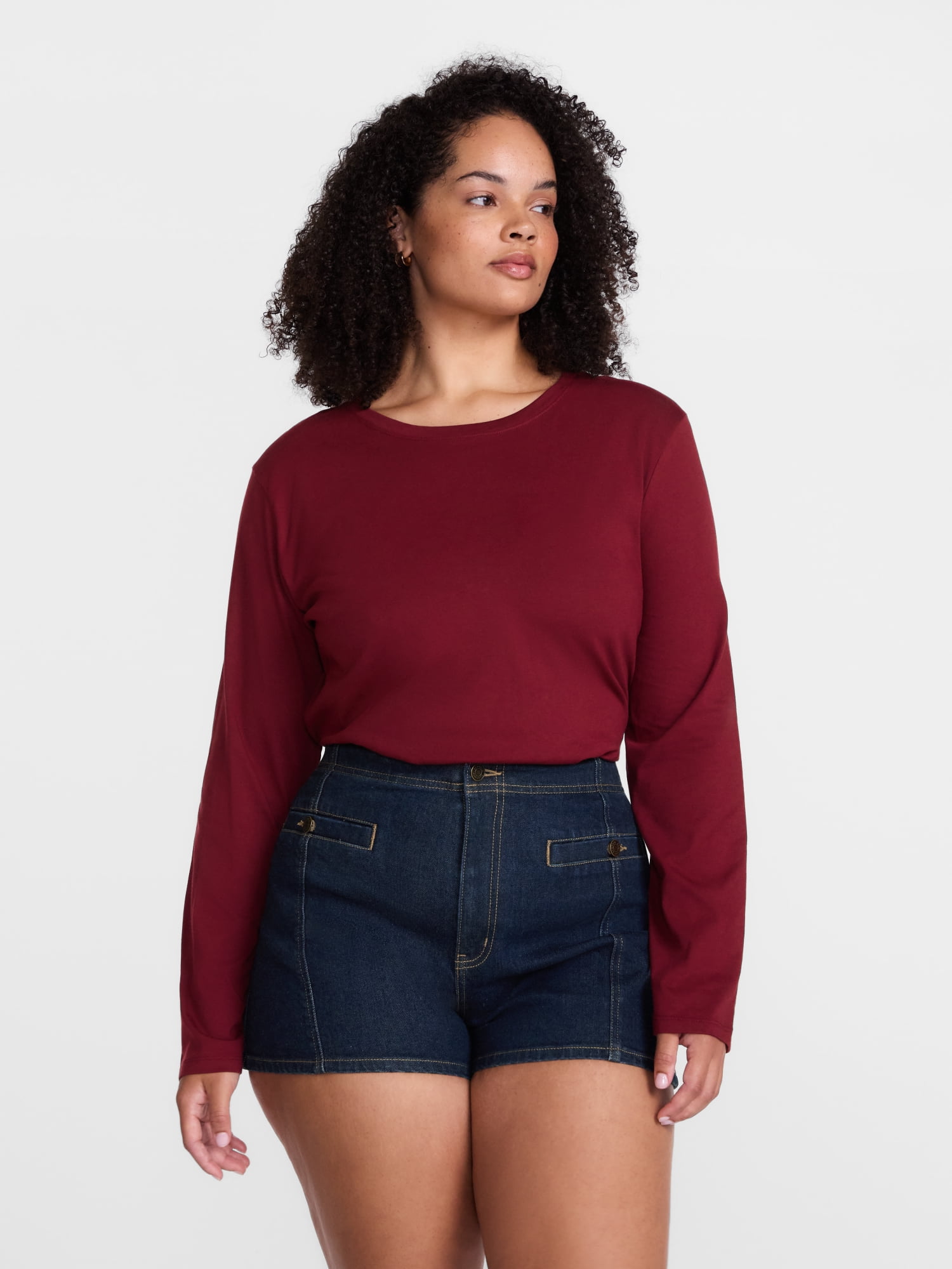 Scenario Women's Cotton Crewneck Tee with Long Sleeves, Sizes XS-XXXL
