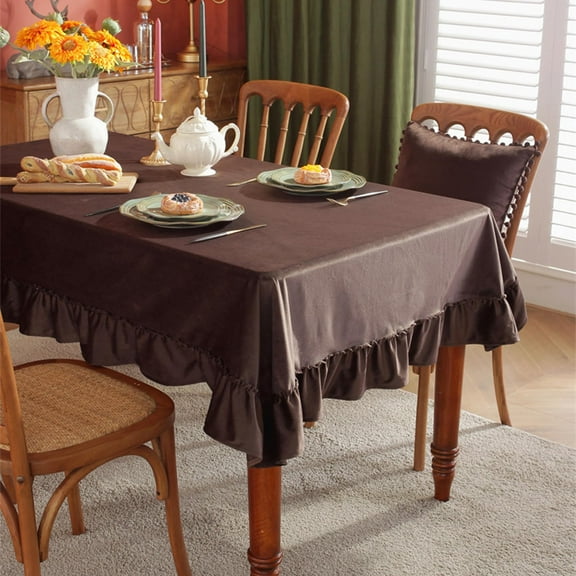 Coffee Ruffle Tablecloth Rectangular Velvet Table Cover Decorative Table Top Farmhouse Overlay for Kitchen Buffet Christmas140x180cm