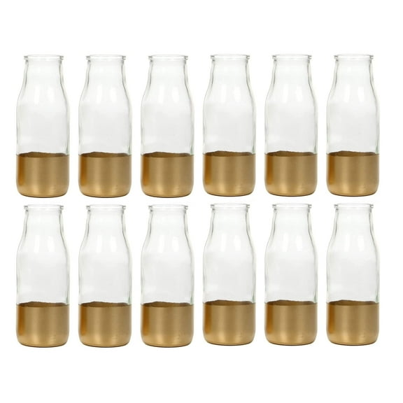 Hosley's Set of 12, Clear Glass Gold Dip Bottle Floral Vase, 5.25" High