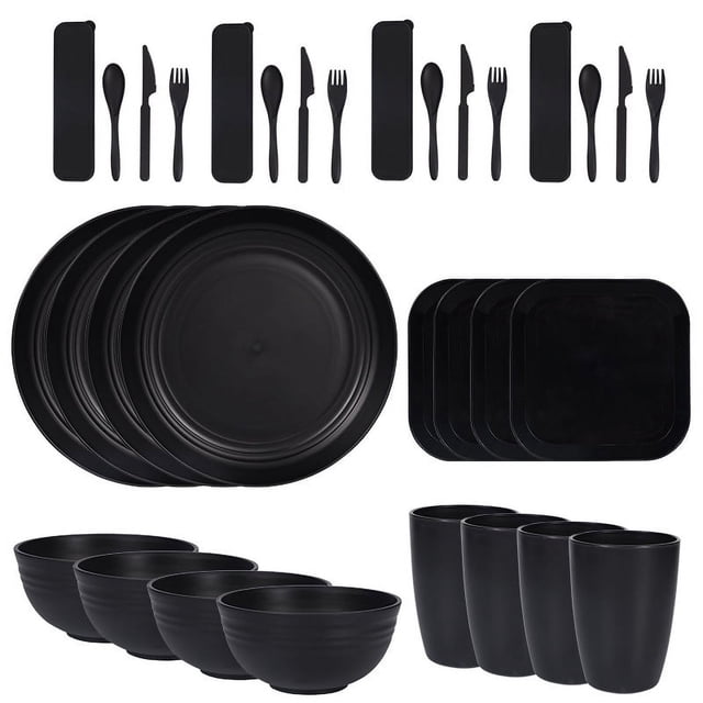 Fatty Farmer 32pcs Wheat Straw Dinnerware Sets for 4 - Lightweight Unbreakable - Microwave Dishwasher Safe - Perfect for Picnic, Dorm,Camping Plates Cups and Bowls Set -Black
