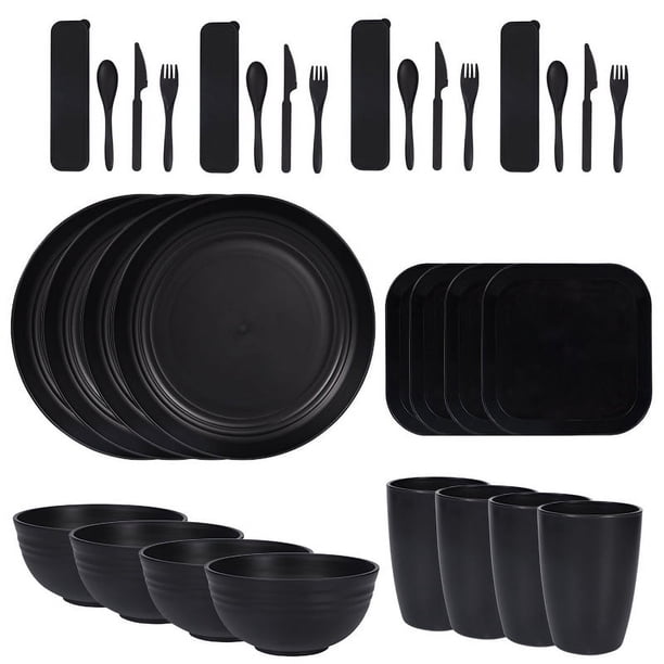 Nvzi 32pcs Wheat Straw Dinnerware Sets for 4 - Lightweight Unbreakable - Microwave Dishwasher Safe - Perfect for Picnic, Dorm,Camping Plates Cups and Bowls Set -Black