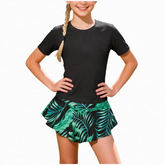 CAICJ98 Girls Rash Guard Swimsuits Short Sleeve Bathing Suits for Girls Swimwear Skirt with Built-in Shorts (Black,11-12 Years)