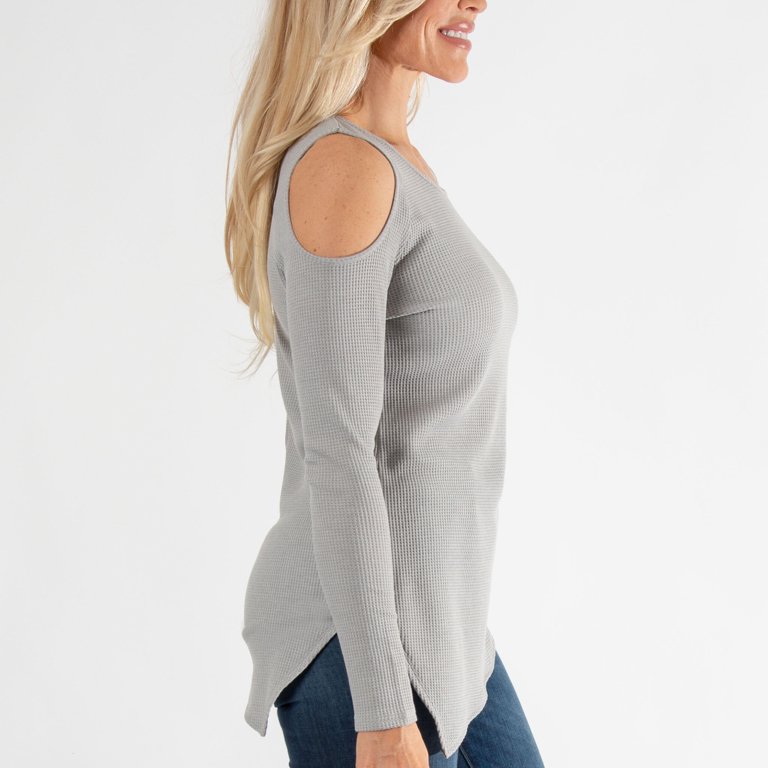 Womens S/M Gray Waffle Thermal Cold Shoulder Asymmetrical Hem Long Sleeve  Top by Howard's 