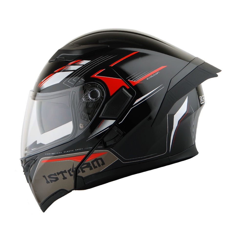 1Storm Motorcycle Modular Full Face Flip up Dual Visor Helmet + Spoiler + Motorcycle Bluetooth Headset: HB89 Storm Red