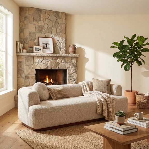 Christopher Knight Home 84.6” Boucle Upholstered Sofa with Rubberwood Base, Accent Pillows, Almond