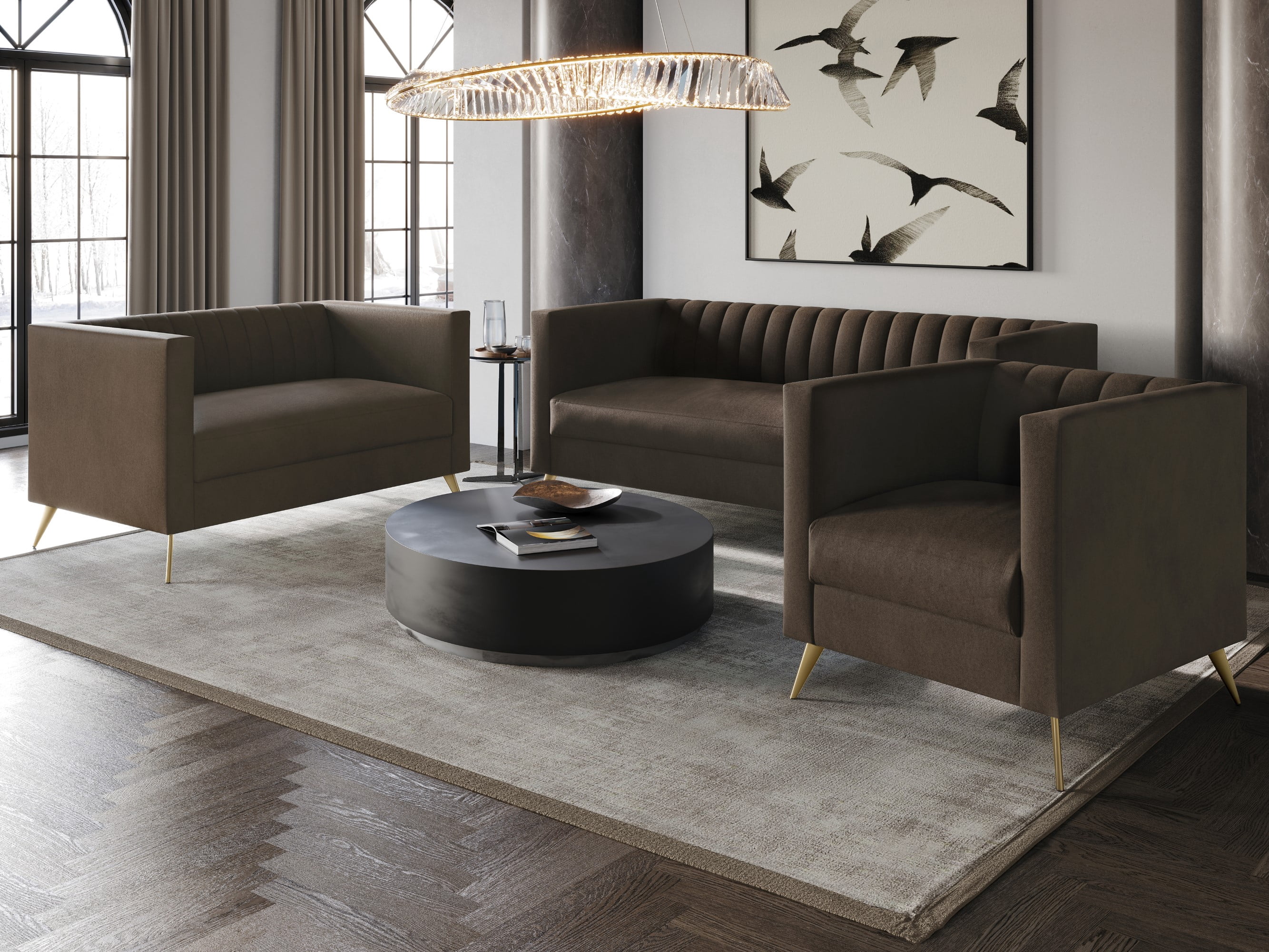 Home Design Weiss Velvet Square Arm Loveseat with Channel-Tufted Back and Gold Metal Legs, Modern Upholstered Living Room Seating, Brown