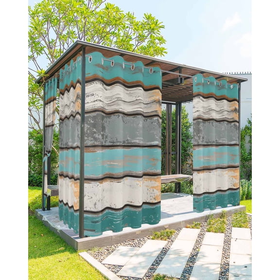 Farmhouse Teal Orange Outdoor Curtains for Patio, Country Vintage Wooden Privacy Drapes Grommet Waterproof Outside Curtains for Porch/Cabana/Balcony 54"x 84", 2 Panel
