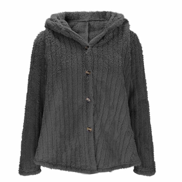 WRKEKC Women's Plush Fleece Jacket Hooded Winter Coat, Snap Button Closure Solid Color Thermal Lined