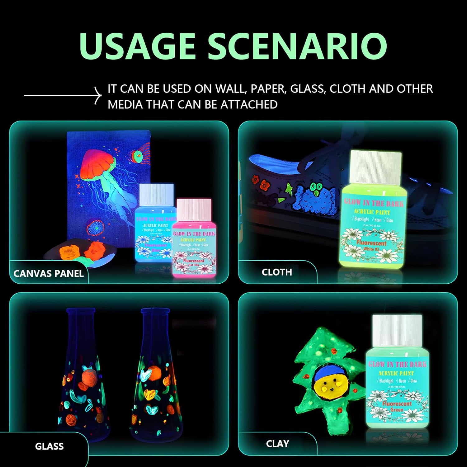 GOODTAKE Acrylic Glow in The Dark Paint, 12 Bright Colours Liquid Fluorescent Paints, Neon Paints Glow in Dark for Painting, Halloween Decoration, DIY Crafts, Black Light Paint 25 ml Each with Brushe