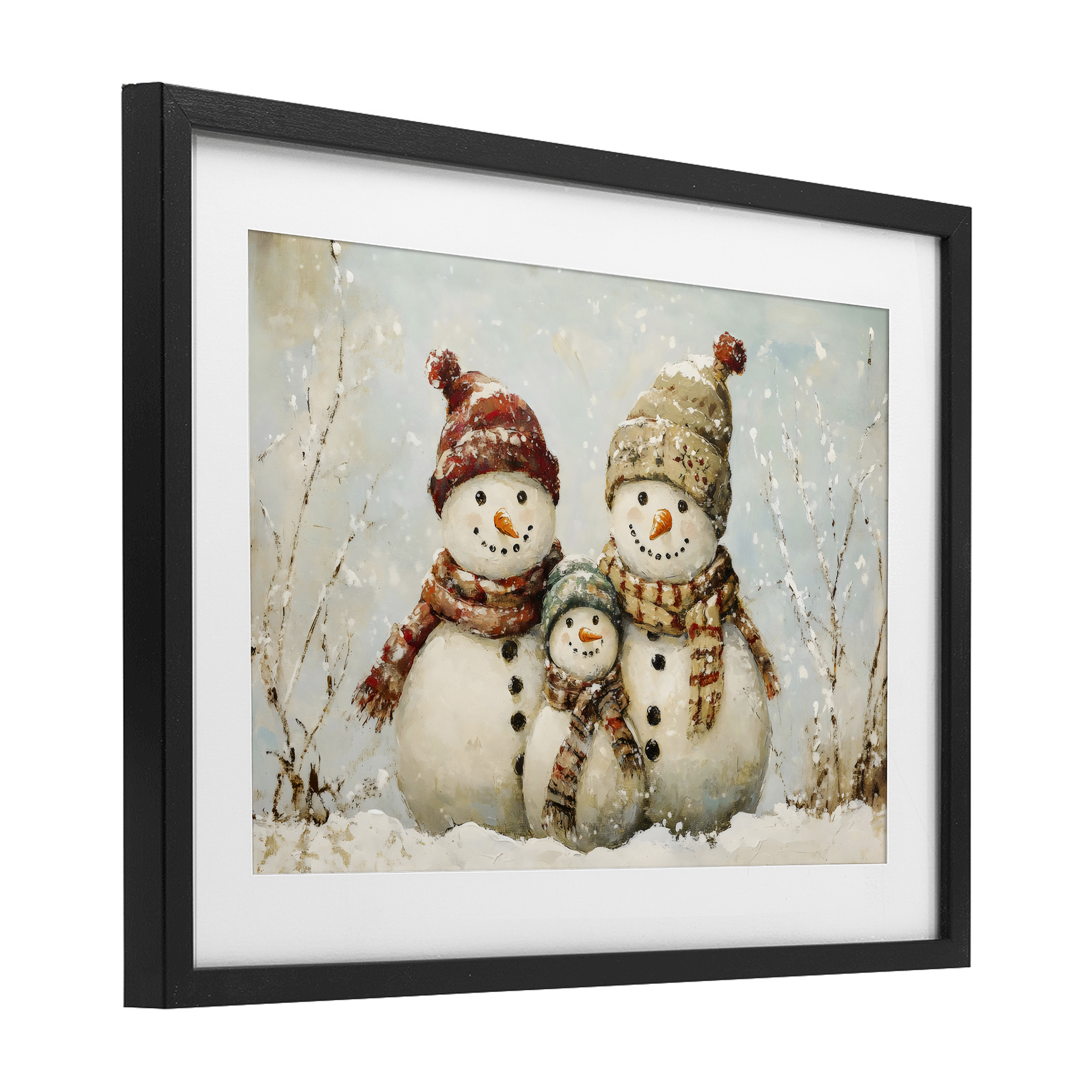 Snowman Family Of Three Black Framed Print Under Glass, design by Petal Prints Design