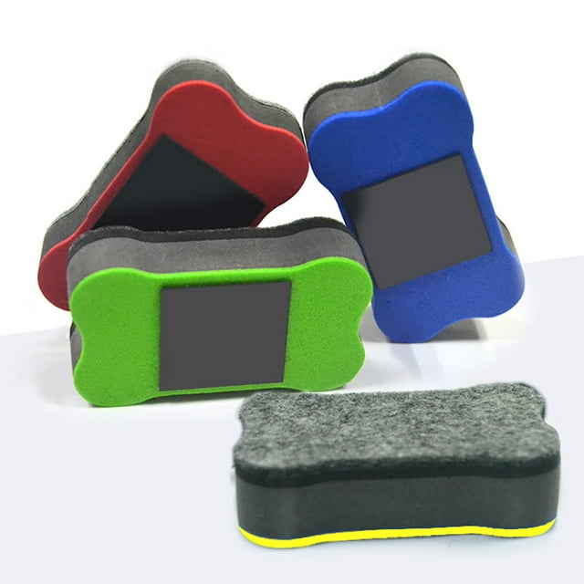 4pcs Bone Shaped EVA Magnetic Chalkboard Whiteboard Eraser Cleaner set with lightweight, colourful erasers in red, blue, green, and black. Each eraser features a felt cleaning surface and a strong magnet for attachment to magnetic boards. Suitable for school, office, or company use, and effective as a dry wipe board marker cleaner.