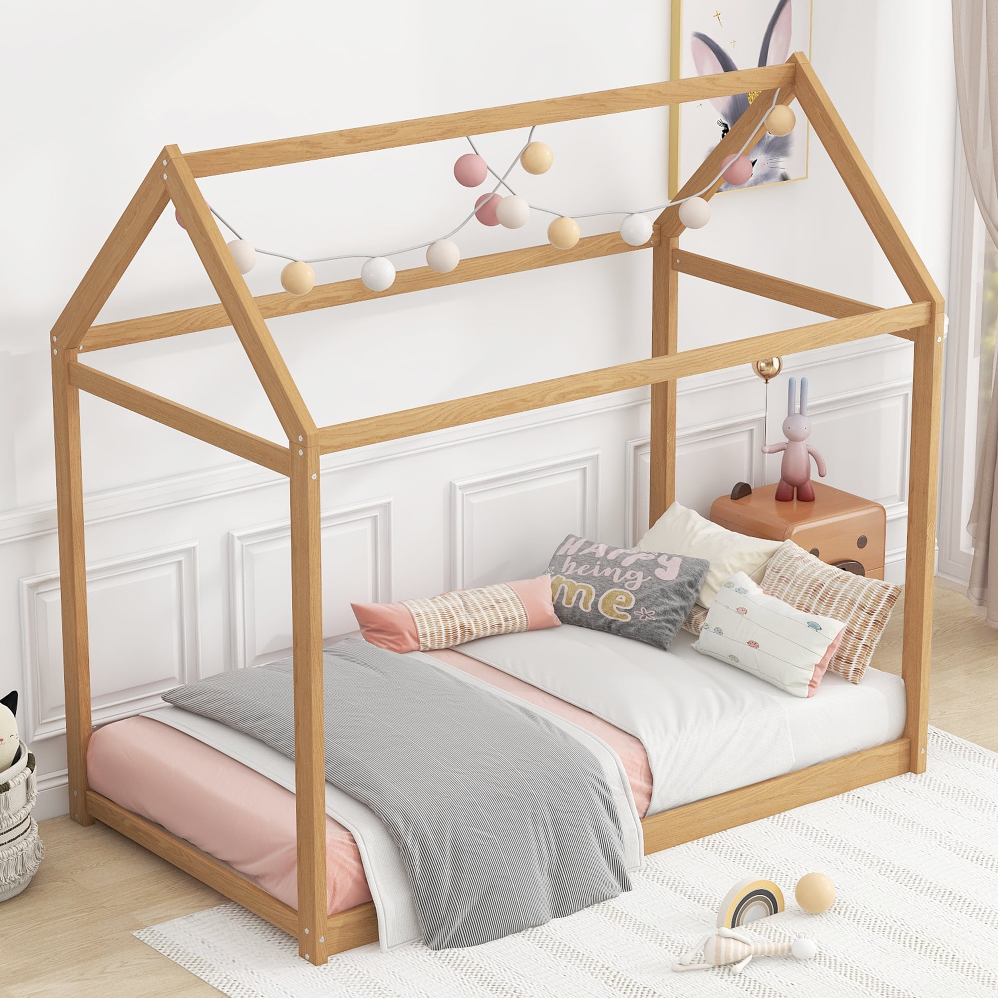Euroco Twin Wood House Bed Frame with Roof, Wood
