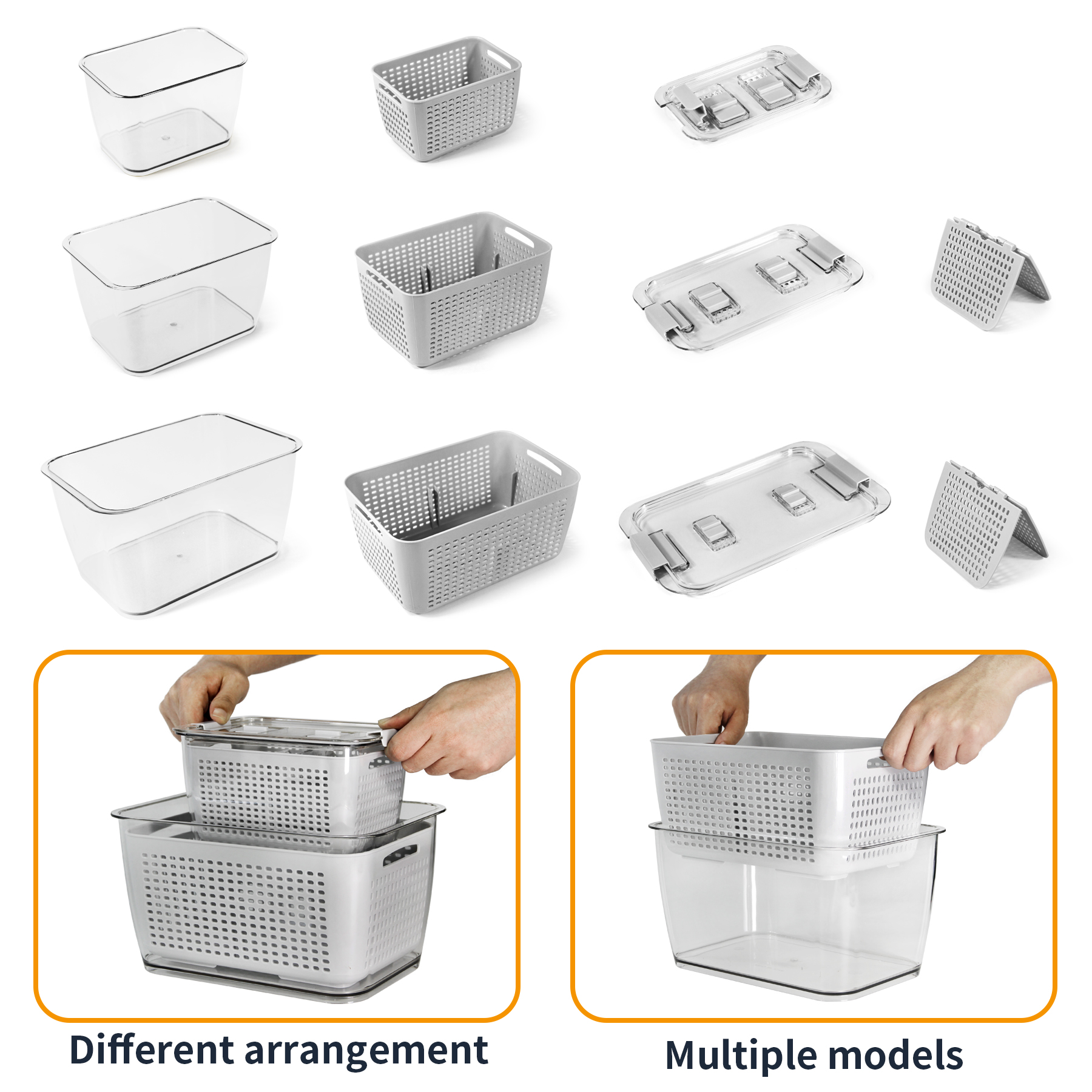Fresh Container with Vents,3 Pack - Produce Saver Container Vegetable Fruit Partitioned Storage Container Stay Fresh Organizer for Refrigerator, Gray