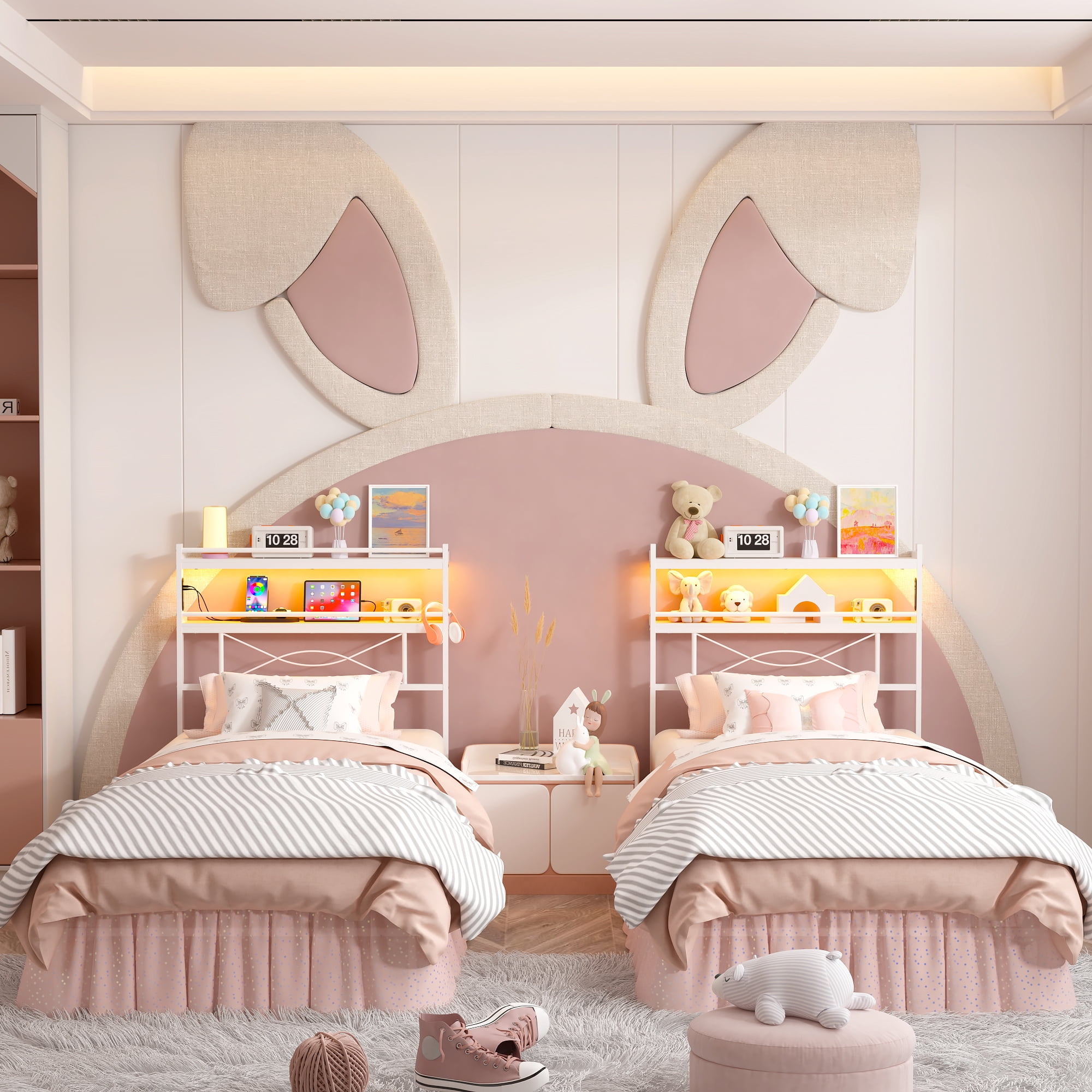 Yoneston Twin Size Power Outlet LED Light Metal Platform Bed Frame with 2-Tier Storage Headboard for Girls Kids Teens Bedroom, White