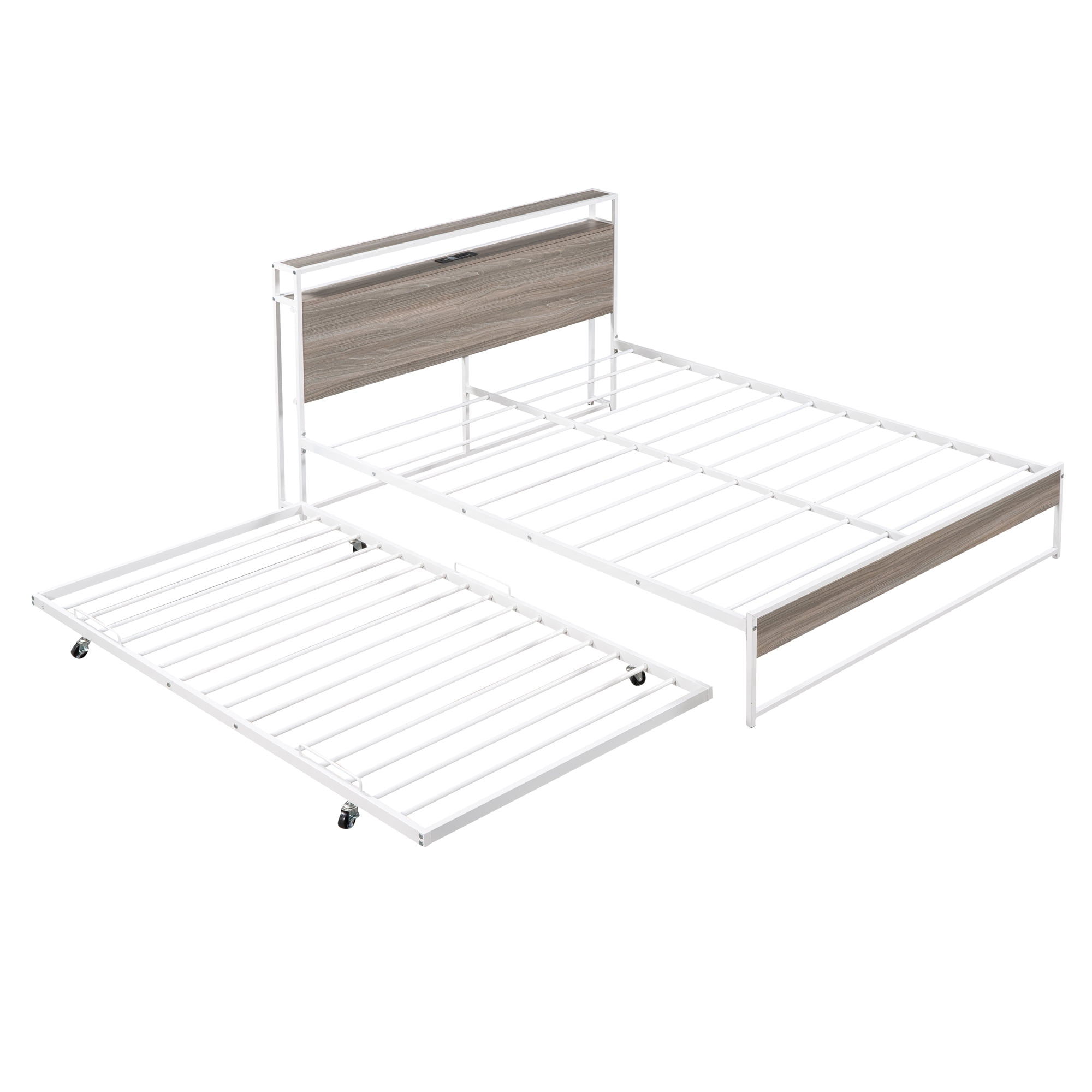 Aukfa Queen Size Metal Bed Frame with Trundle, USB Charging Ports and Storage Headboard, Modern Platform Bed with Wood Accents, White