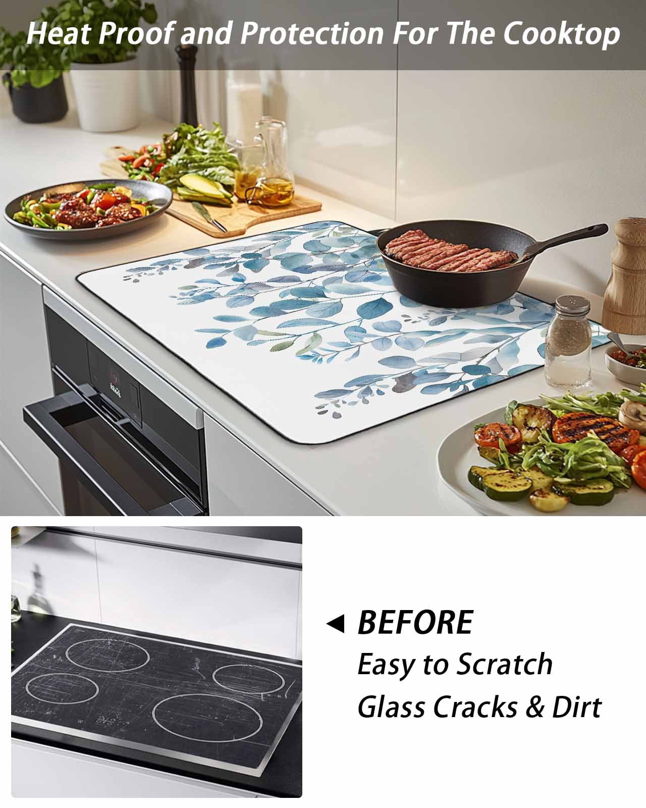 Stove Top Covers for Electric Stove, Blue Eucalyptus Leaves Glass Stovetop Cover Protector, Watercolor Botanical Weeping Induction Cooktop Protector Oven Mat for Kitchen Countertop 24"x21"