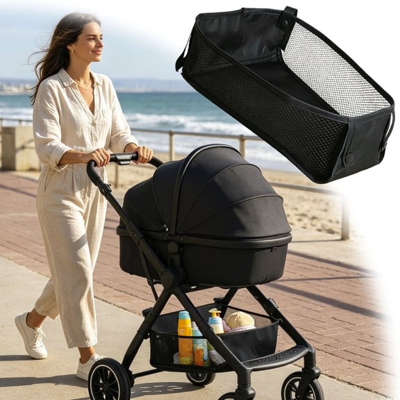 Stroller Undercarriage Storage Basket Heavy Duty Breathable Mesh Net Organizer For Diapers Toys Essentials Outdoor Sport(Black-30Cm)
