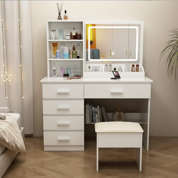 Zocalo Tocador de Maquillaje con Luces de Espejo, Vanity Tocador con 5 Cajones,Estantes de Almacenamiento,Taburete Acolchado, Tocador con 3 Estantes - Blanco