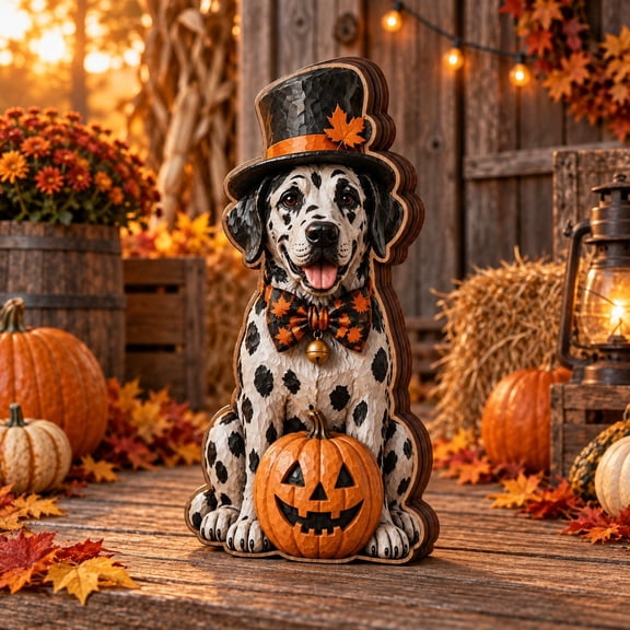 3 Layer Dog Stand, Halloween Dalmatian Pumpkin Wooden Tabletop Display for Pet Lovers