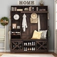 thumbnail image 6 of ChVans 75''H LED Farmhouse Hall Tree with Bench and Shoe Storage, Brown Hall Tree with Storage Bench, 16 Shoe Cabinet, Umbrella Holder&Sock Storage Drawer, Mudroom, Hallway, Entryway Furniture, 6 of 7