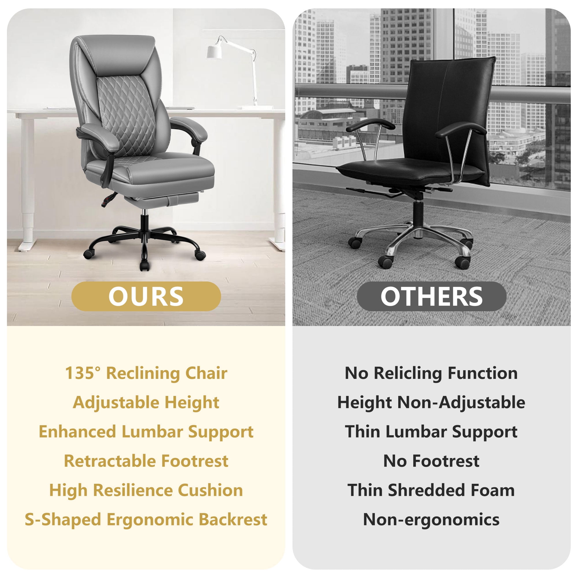 Primy Office Chair with Retractable Footrest, Ergonomic High Back Executive Computer Desk Chair, Big & Tall PU Leather Reclining Chair for Home Office Work