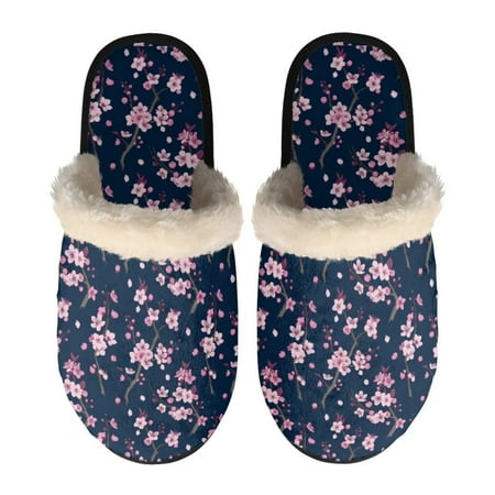 

Renewold Pink Cherry Blossoms Fuzzy Slippers for Girls Women Long Fuzzy Flat Slides Anti-Slip EVA Sole Flat Slippers Warm Casual Bedroom Shoes Size L