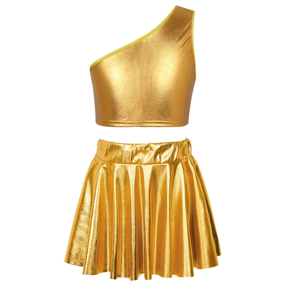 MSemis Girls Shiny Metallic Crop Top with Pleated Skirt,Size 3-14 Gold 3-4