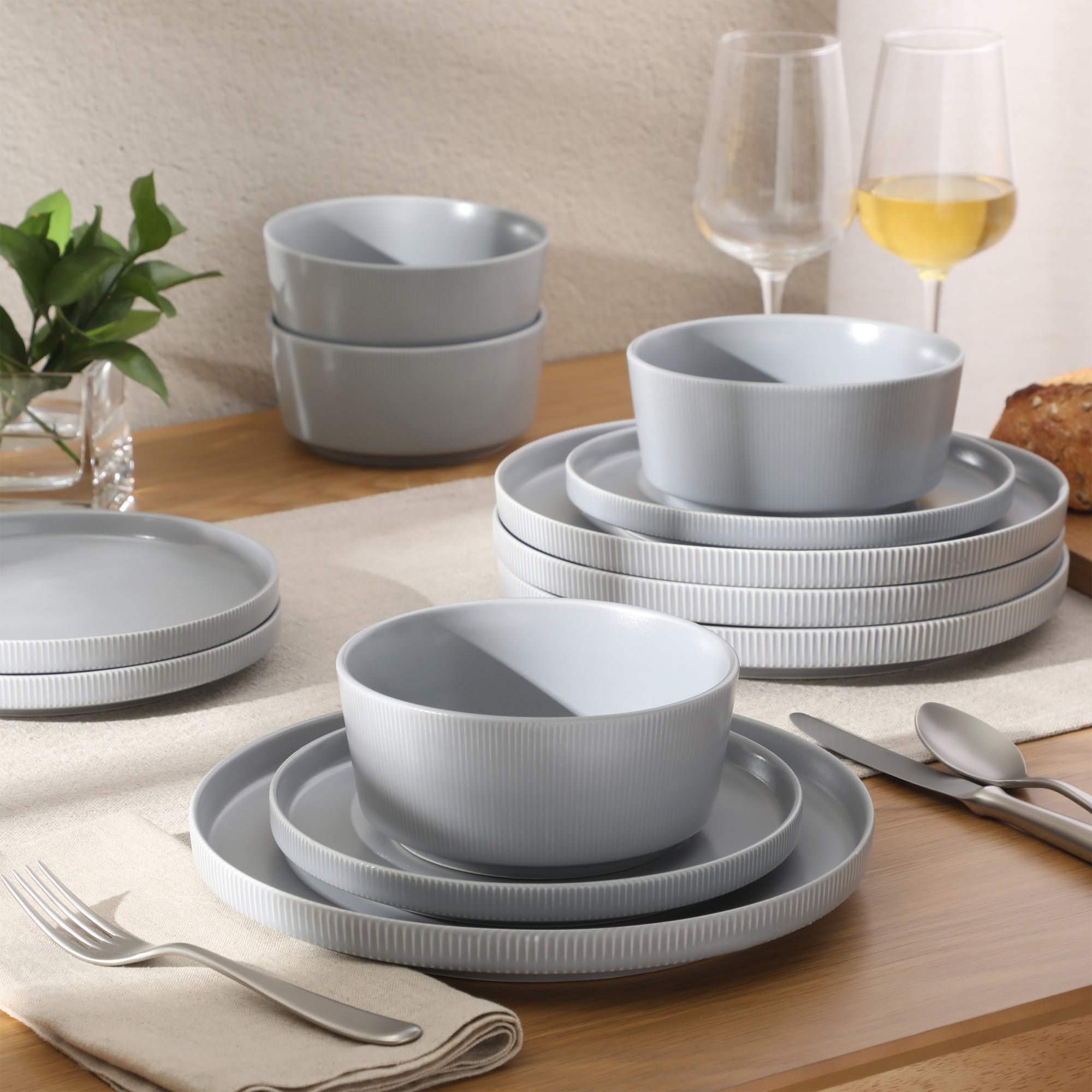 Gibson Home Dempsey Road 12-Piece Stoneware Dinnerware Set – Service for 4, Round Grey Plates and Bowls, Durable Solid Color Modern Embossed Dish Set, Microwave & Dishwasher Safe