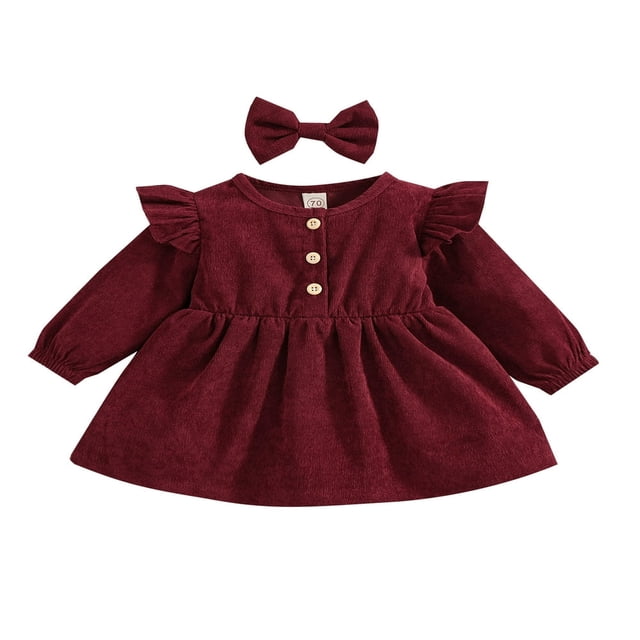 MesaSe Automne Bébé Filles Princesse Robe 2pcs Volant à Manches Longues Bouton Velours Côtelé une Ligne Robe Bandeau Vin Rouge 2-3 Ans