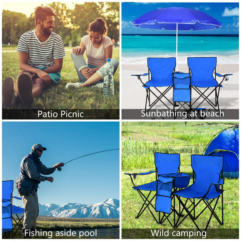 Beach Chair With Canopy, Folding Camping Chairs with Umbrella and Table  Cooler, Portable Double-Chair with Beverage Holder for Beach, Camping,  Picnic