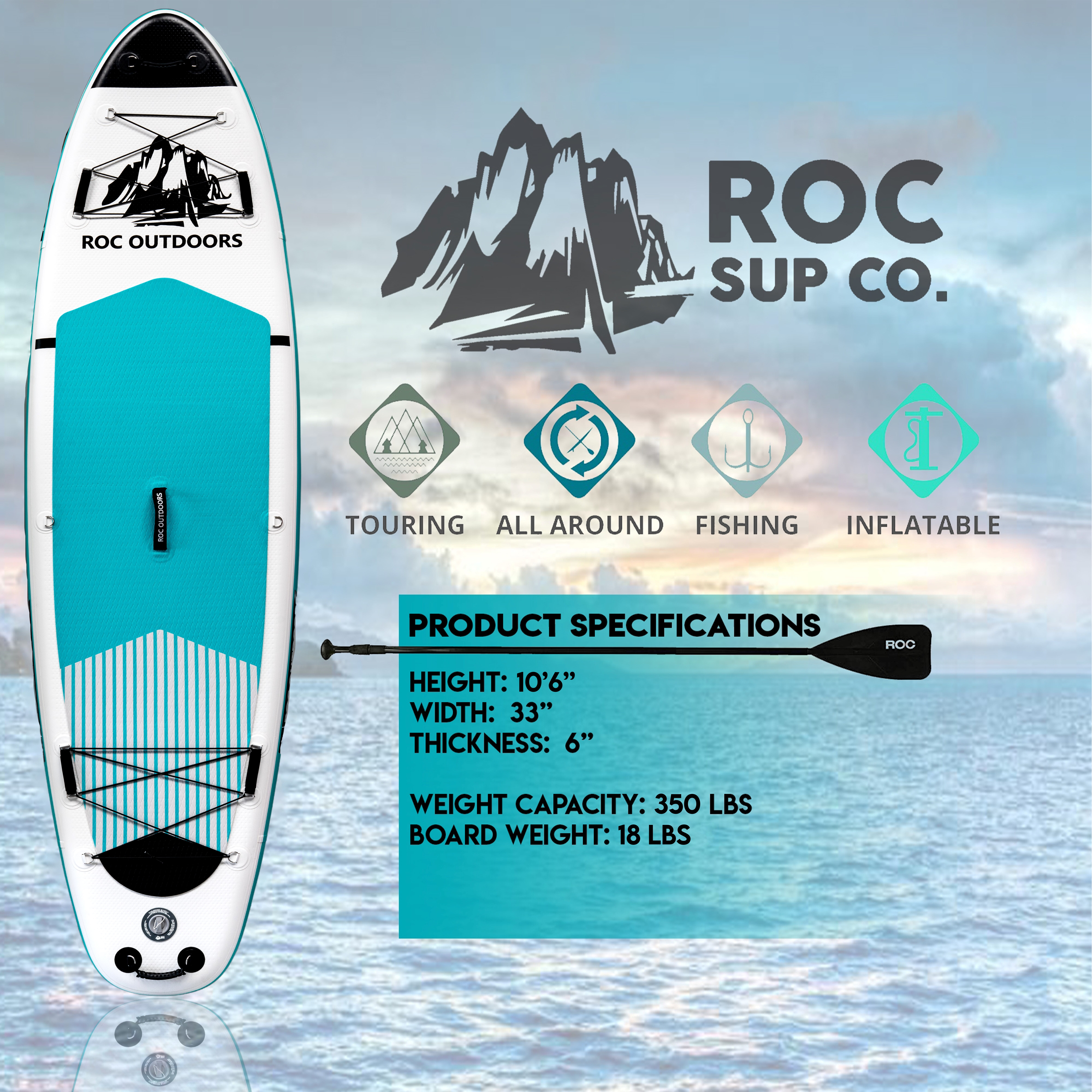 ROC Outdoors Inflatable Stand Up Paddle Boards 10 ft 6 in with Premium SUP Paddle Board Accessories