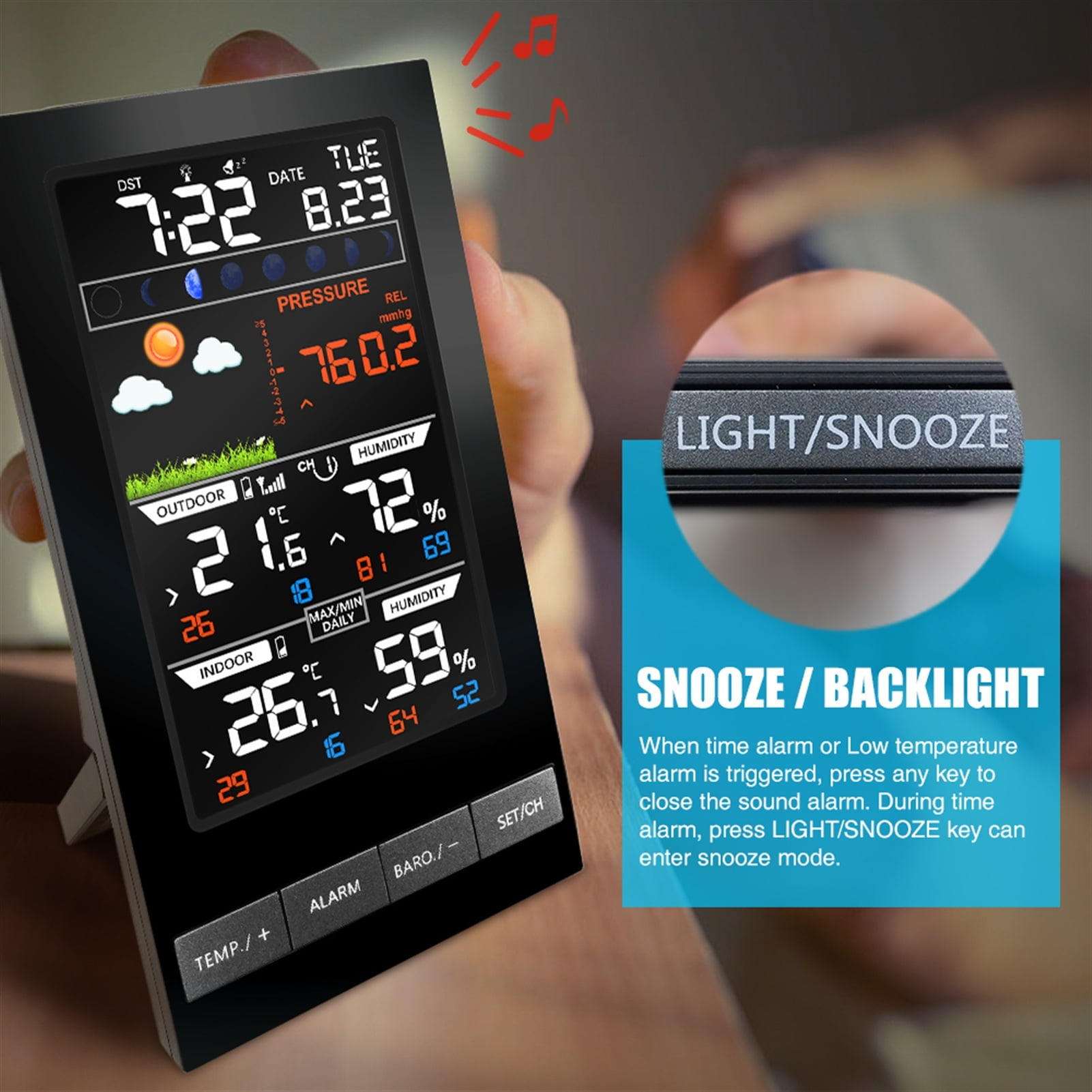 Weather Station Indoor Outdoor Sensor LED Temperature Humidity Forecast Snooze Table Digital Alarm Clock ,Easy to Operate