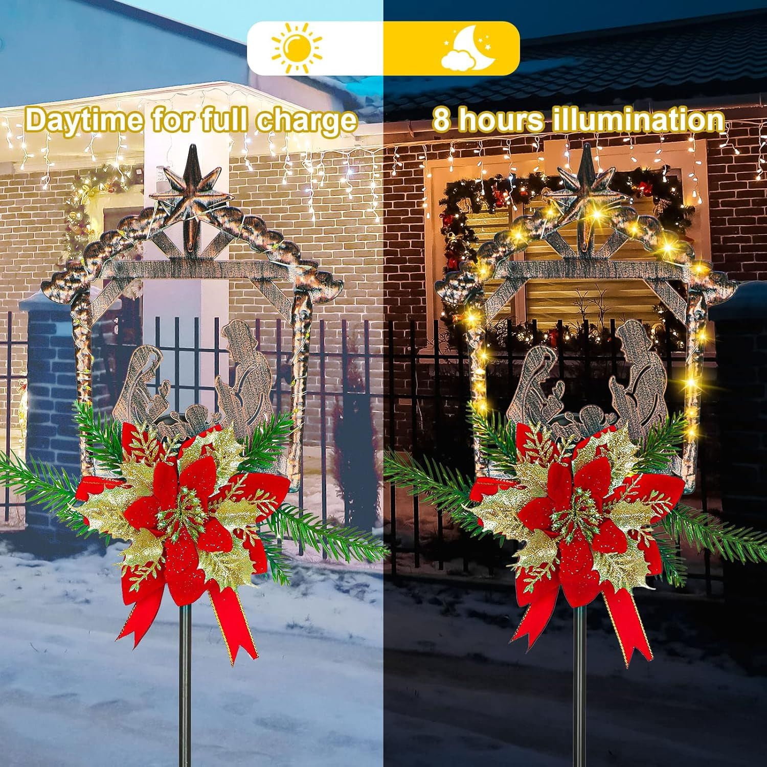 2 Pcs Nativity Scene Outdoor Yard Stakes Metal Christmas Light Decorations LED Christmas Decorations Nativity Scene Outdoor Solar Outdoor Lighted Nativity Scene for Pathway Garden Lawn (Classic)