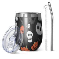 12oz Stemless Wine Tumblers Black Halloween Pumpkin Faces Vacuum Insulated Stainless Steel Travel Tumbler Cups Mug with Lid and Straw for Champaign,Cocktail,Beer with Cleaning Brush