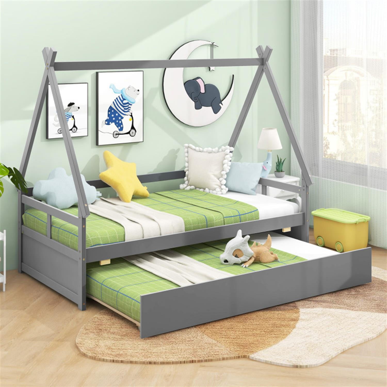 Demi Bonn Twin Size House Bed Frames with Trundle and Safety Guardrail, Modern Platform Bed Frames for Teens, Gray