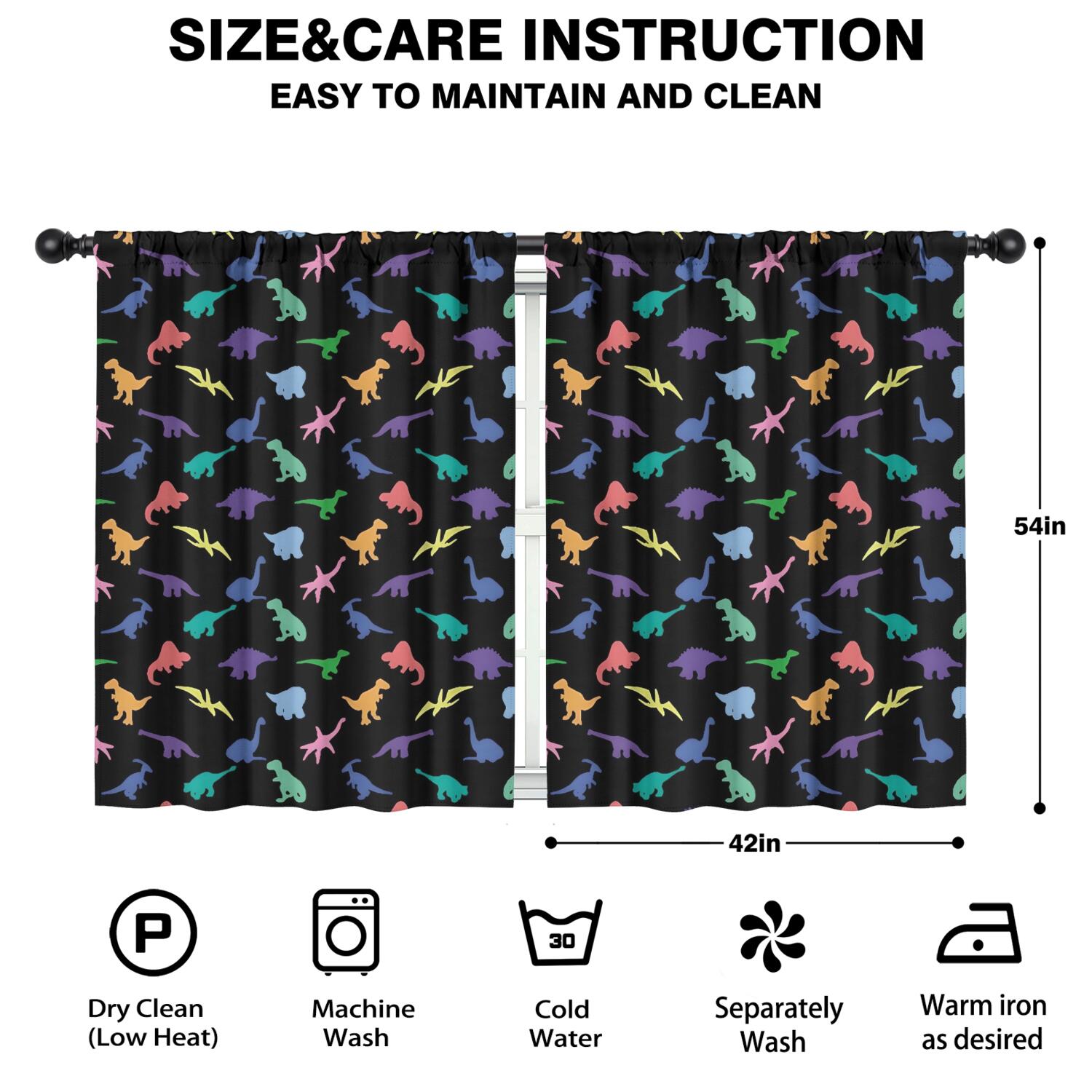 Blackout Kids Curtains,Black Colorful Dinosaurs Silhouettes Pattern Childrens Insulated Curtains Set Of 2,Bedroom Essentials,Toddler Room Decor 42"x54"