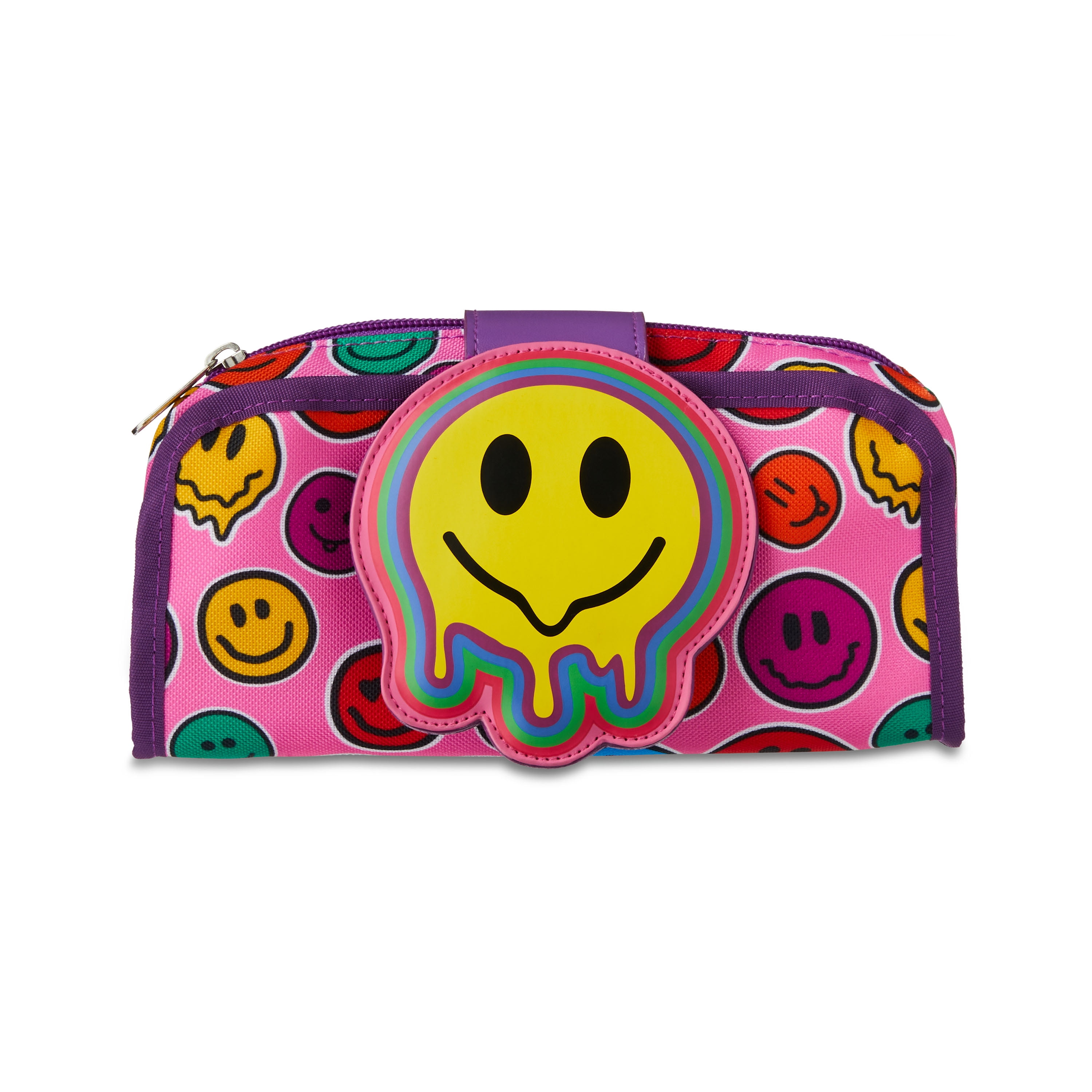 Pen Gear Smiley Face Pencil Pouch 10 Elastic Pen Slots Pink Print with Purple Trim Walmart