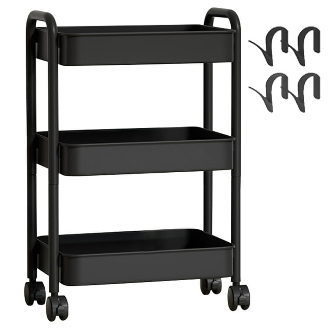 iKayaa Chariot de Rangement Roulant en Métal à 3 Niveaux / 4 Niveaux avec Paniers en Métal Chariot de Rangement Robuste avec Poignées 4 Crochets Roue Verrouillable pour Cuisine Chambre et Salle de Bain Noir