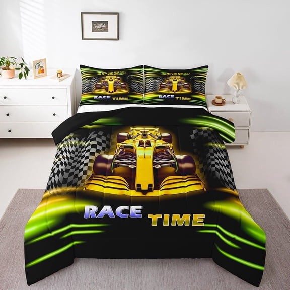 Erosebridal Racing Car Bedding Twin Comforter Set,Geometric Plaid Down Comforter,Yellow Green Bedding Sets Twin with Comforter,Super Cozy Sport Bedroom Decorative,Reversible,3pcs
