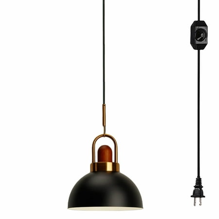 

FSLiving Wooden Socket Pendant Light with 15ft Plug-in UL On/Off Dimmer Switch Cord Iron Macaron Black Lampshade Light Fixtures Brass Handle Loft Style Lamps for Kitchen Island - 1 Light