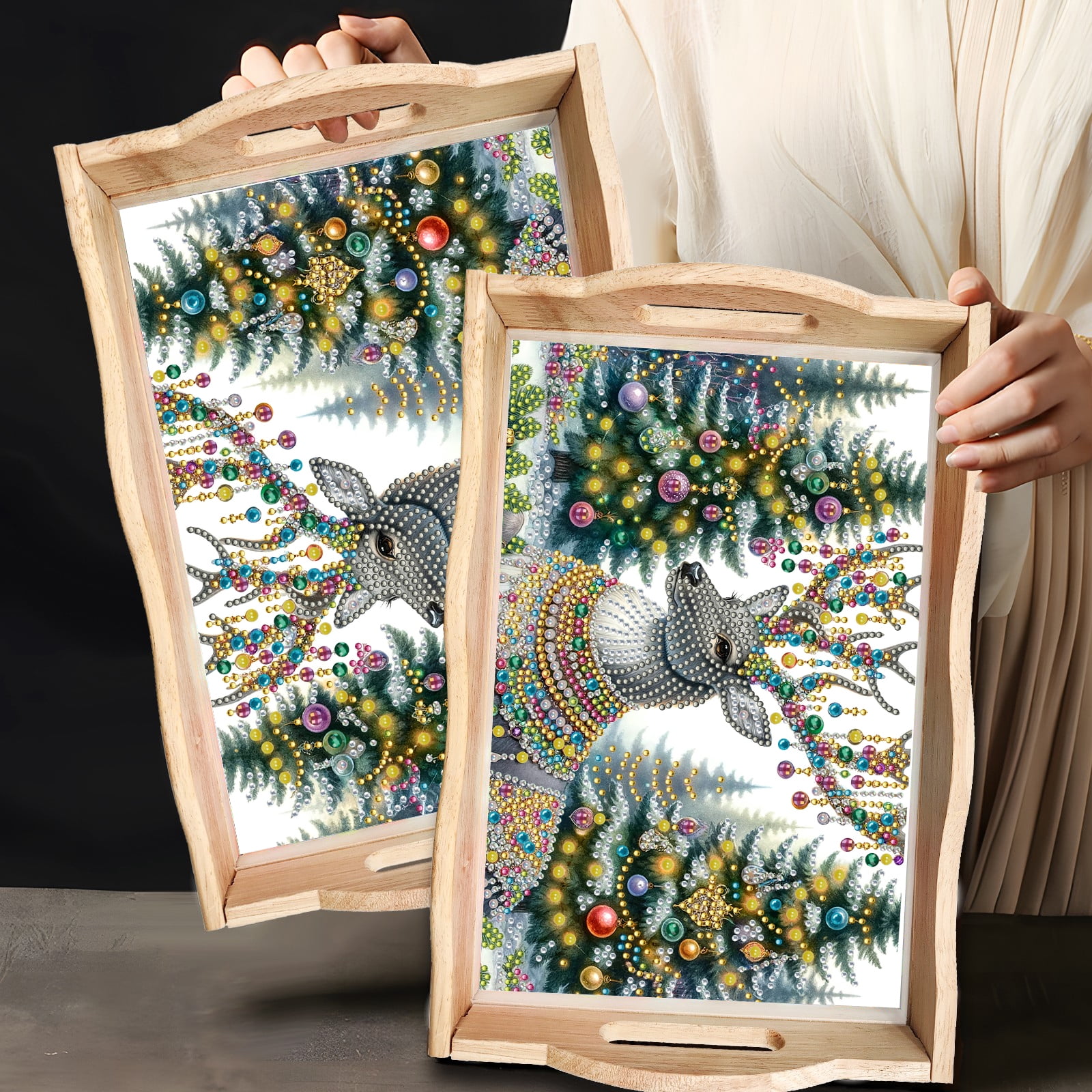 FLOPESN DIY Diamond Art Painting Handmade Wooden Tray,Creative Design Serving Dinner Plate for Coffee Living Room Home Organizer-Christmas Elk