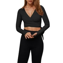 aidice Yoga Tops for Women Athletic Deep V Neck Long Sleeve Slim Fitting Cropped Tie Workout Shirts