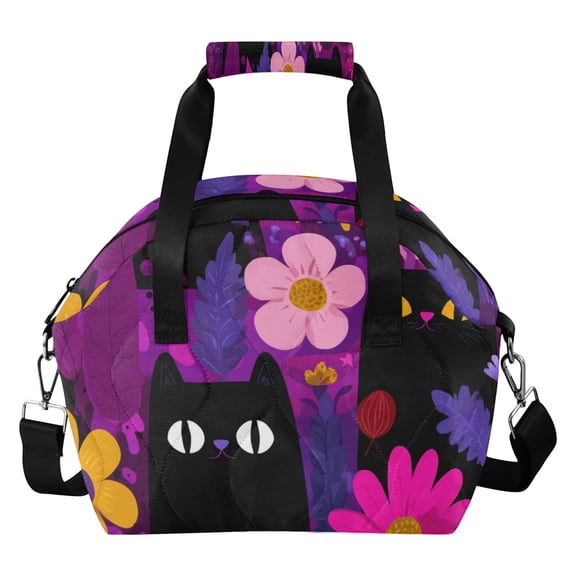 Purple Background Black Cute Cats Insulated Lunch Bag Reusable Quilted Lunch Box Waterproof Leakproof Lunch Container