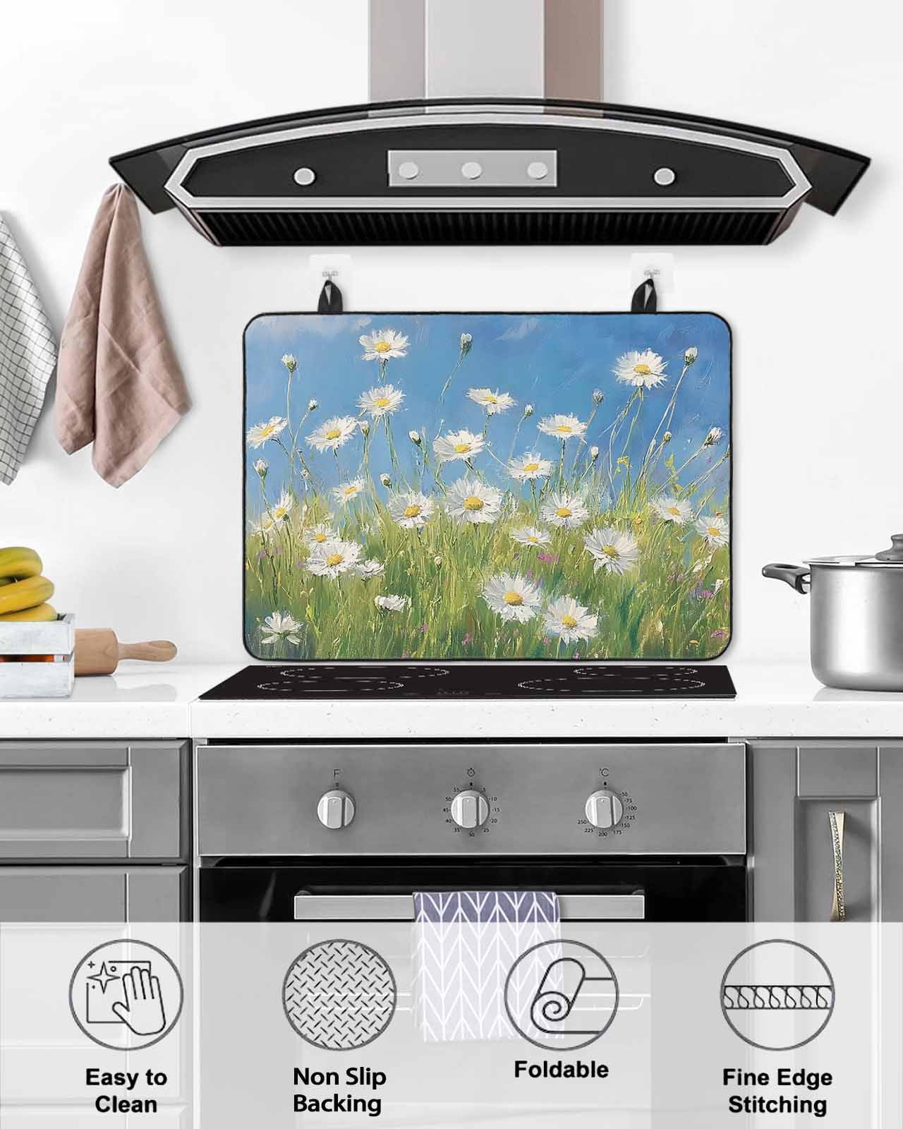 nqOlkjepod Large Induction Cooktop Protector Mat 24"x21", Spring Floral Stove Top Covers for Electric Stove, Modern Oil Painting Farmhouse Flower White Stove Burner Cover Mats, Glass Top Stove Cover