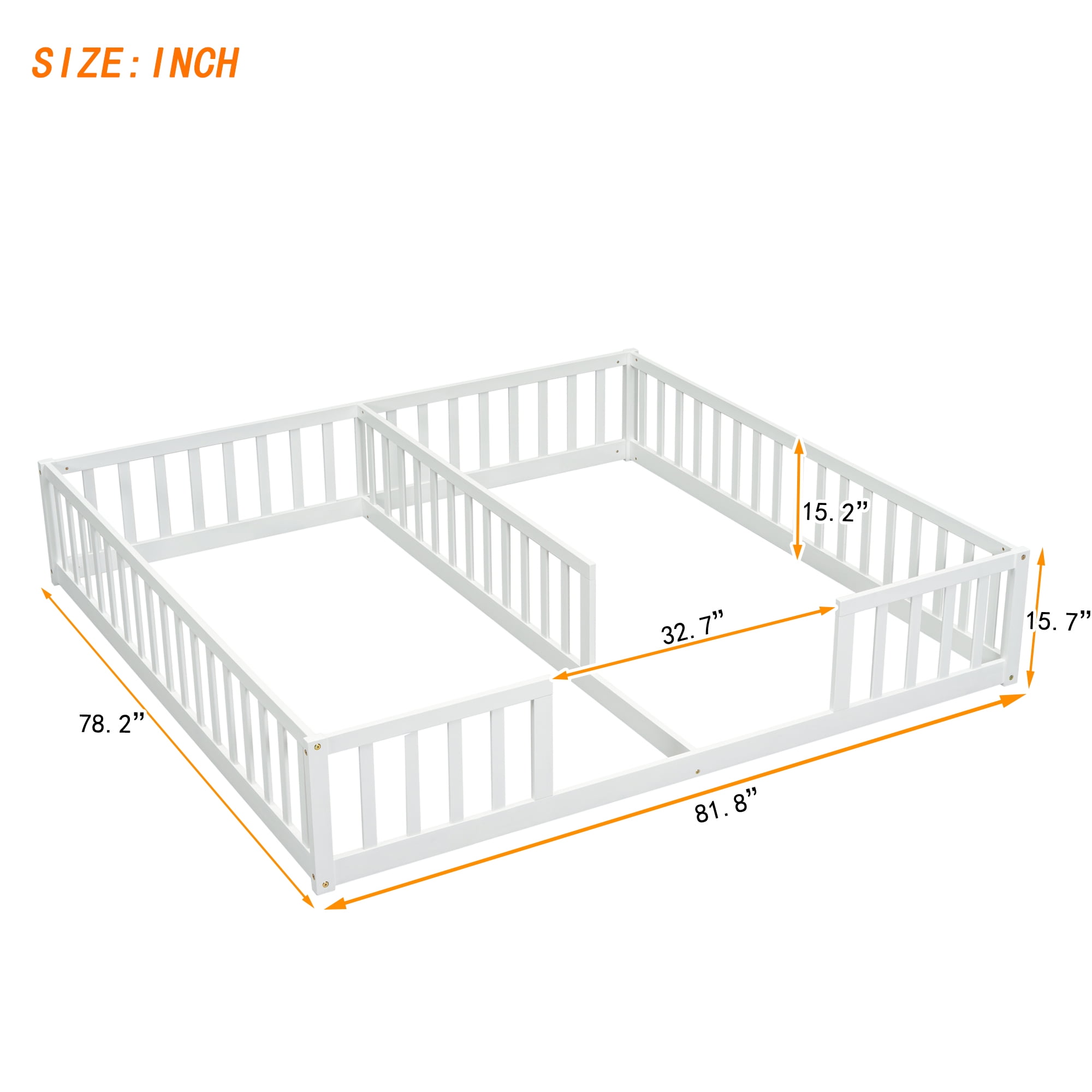 Kumix Double Floor Bed with Fence Guardrails, Wood Double Twin Floor Beds for Twins, Floor Bed for 1-3, Two Shared Beds, Floor Bed, Easy Assembly, White